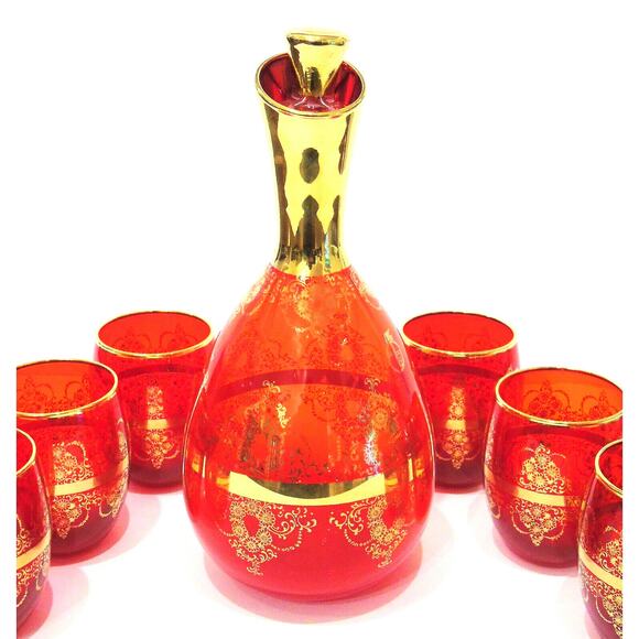 VTG Ferro Lazzarini Italian MURANO GLASS 10" DECANTER SET 8PC Ruby Red 24k Gold - Picture 3 of 7